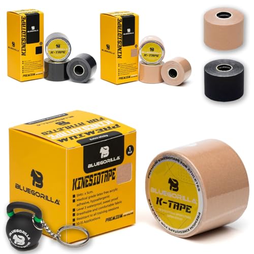 BLUEGORILLA Premium Kinesio tape, cinta kinesiologica deportiva, vendaje neuromuscular, tiras fisioterapia adhesiva, Resistente al agua y al sudor (nivel 3). Sin latex. Llavero Regalo (Piel, 1)