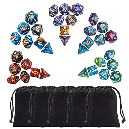 35 Pieces Polyhedral Dice, Double-Colors Polyhedral Game Dice with 5 Pack Black Pouches for RPG Dungeons and Dragons Pathfinder DND RPG MTG D20 D12 D10 D8 D4 Table Game