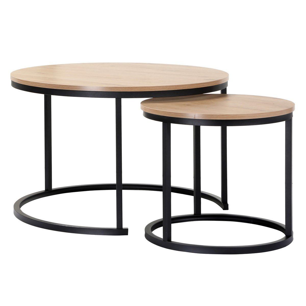 Calicosy 2 Tables Basses Gigognes Rondes Décor Bois | Panneaux Particules Mélaminés FSC, Pieds Métal, Modulables, Style Industriel, L 70x70x45,5 cm & L 45x45x40,5 cm