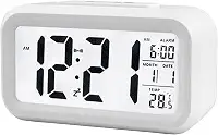 Henniu Relógio de Mesa Despertador digital inteligente com botão de soneca de data e temperatura na parte superior retangular operado por bateria com luz noturna para quarto Crianças - Branco
