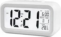 Henniu Relógio de Mesa Despertador digital inteligente com botão de soneca de data e temperatura na parte superior retangular operado por bateria com luz noturna para quarto Crianças - Branco