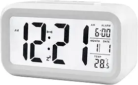 Henniu Relógio de Mesa Despertador digital inteligente com botão de soneca de data e temperatura na parte superior retangular operado por bateria com luz noturna para quarto Crianças - Branco