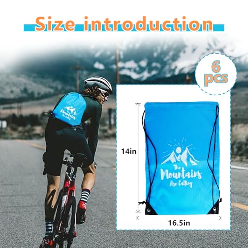6 Pack Thickened Material Drawstring Bags for Hiking, “The Mountains Are Calling” Printed, Lightweight Nylon Gym Sackpacks, Portable Sports Backpacks for Travel, Blue drawstring backpack2