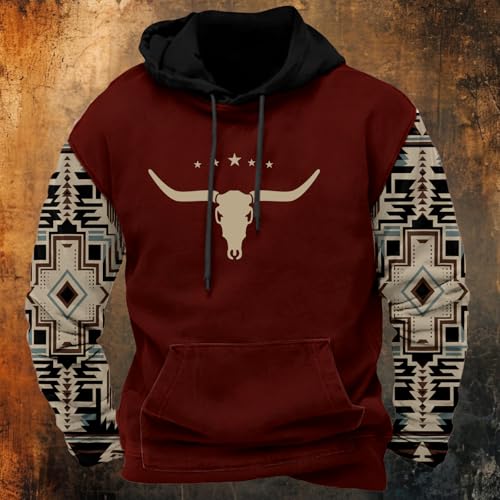 HOTYD Mens Cowboy Sweatshirt Vintage Tribal Aztec Printed Plus Size Western Hoodies for Men Long Sleeve Pullover Hooded2