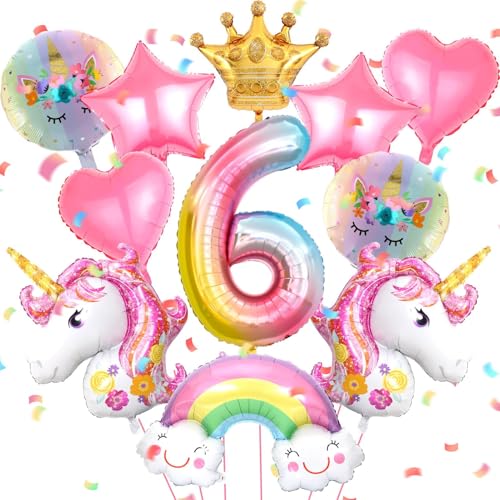 Licorne Ballon Anniversaire 6 an Fille Ballon Aluminium Licorne Decoration Anniversaire Fille Ballons Ronds en Aluminium avec Coeur, Arc-en-ciel et Couronne...