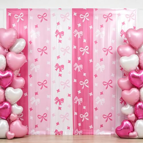 Image of TONIFUL 2Pcs Pink White Bow Metallic Tinsel Foil Fringe Curtains Streamers | 3.3ftx6.6ft Photo Booth Backdrop Door Streamer Curtain for Baby Girl Shower Birthday Princess Theme Party Wedding Decorations