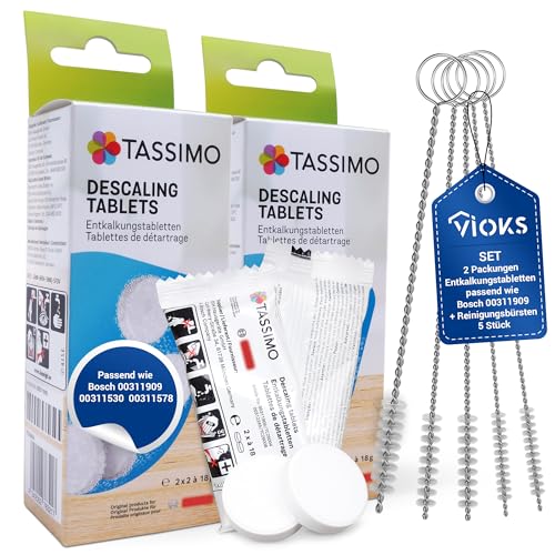 VIOKS Juego de 8 pastillas descalcificadoras para 4 aplicaciones, repuesto para Bosch Siеmens 311909 limpiador antical + 5 cepillos de limpieza, pastillas descalcificadoras con cepillos para cafeteras