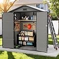 6x4 FT Plastic Storage Shed with Floor, Easy Setup Outdoor Resin Shed Garden Shed Outside Storage with Windows and Lockable Doubles Doors for Lawn Mower, Bike, Tool Storage