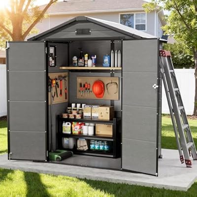 6x4 FT Plastic Storage Shed with Floor, Easy Setup Outdoor Resin Shed Garden Shed Outside Storage with Windows and Lockable Doubles Doors for Lawn Mower, Bike, Tool Storage