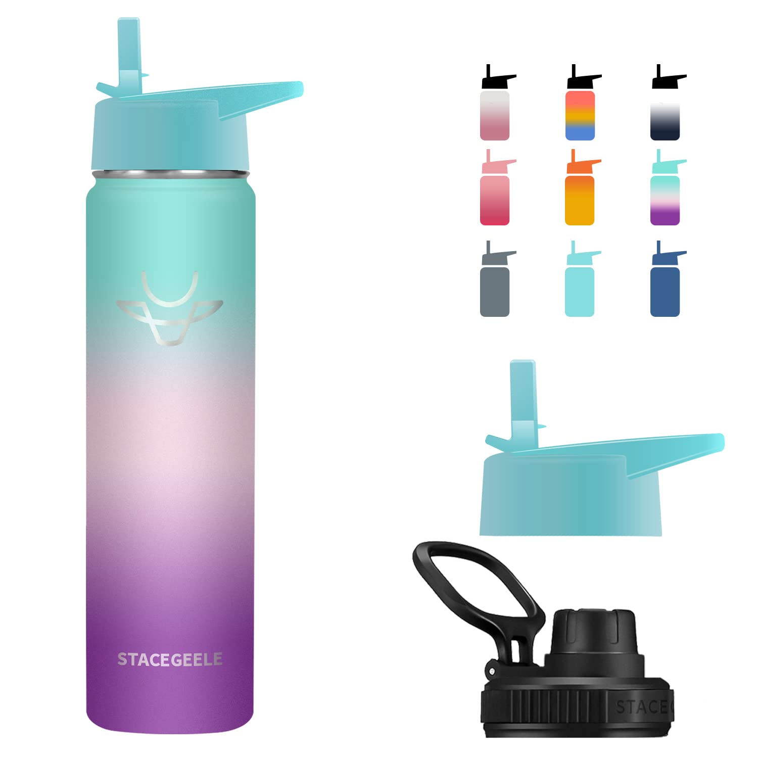 STACEGEELE Insulated Vacuum Water Bottle with Spout Lid & Screw on Top | Stainless Steel Flask for Kids Leak Proof Lightweight Eco Friendly 18oz / 24oz / 32 oz / 40oz(24oz Visions)