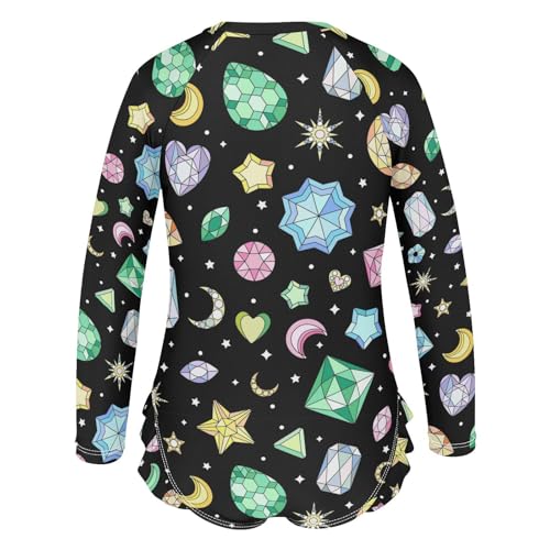 Wusikd Girls Long Sleeve Swimsuit Shiny Rhinestones One Piece Bathing Suit Zipper Golden Stars Swimwear Sun Protection 5-6T3