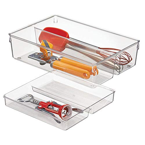 mDesign Cubertero doble para cajones de cocina – Bandeja para cubiertos con 4 compartimentos – Ideal para espumaderas, cucharones y utensilios de cocina – Dos pisos – Transparente