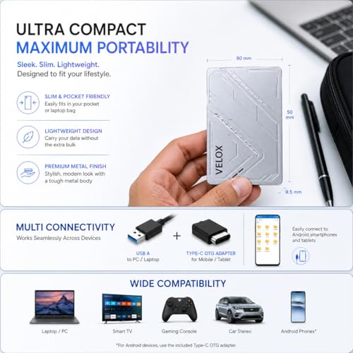 Image of MAYUMI Velox Portable SSD - External Solid State Drive | USB 3.2 Gen 1 Up to 5 Gbps | Type-C OTG Adapter | Plug & Play for Laptop, PC, Android, PS5 /PS4, Xbox, Smart TV (Silver) (256, GB, Velox)