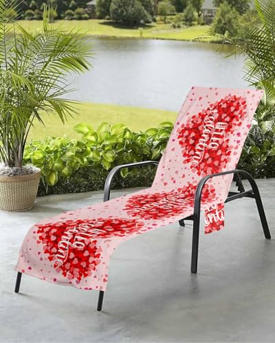 Valentine's Day Beach Chair Towel Covers for Chaise Lounge with Side Pocket, Soft Plush Pool Towels Cover for Patio Sunbathing Outdoor 29''x85'' Gradient Red Romantic Love Heart