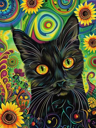 Kit broderie perles chat et tournesol 60x80cm motif pré-imprimé pour débutant DIY
