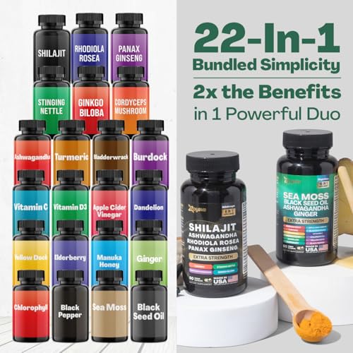 Zoyava Dynamic Vitality Bundle - Sea Moss 7000mg, Black Seed Oil 4000mg, Ashwagandha 2000mg, Ginger & Shilajit 9000mg, Rhodiola Rosea 1000mg, Panax Ginseng 1500mg, All in 1 Supplements (60 Count)