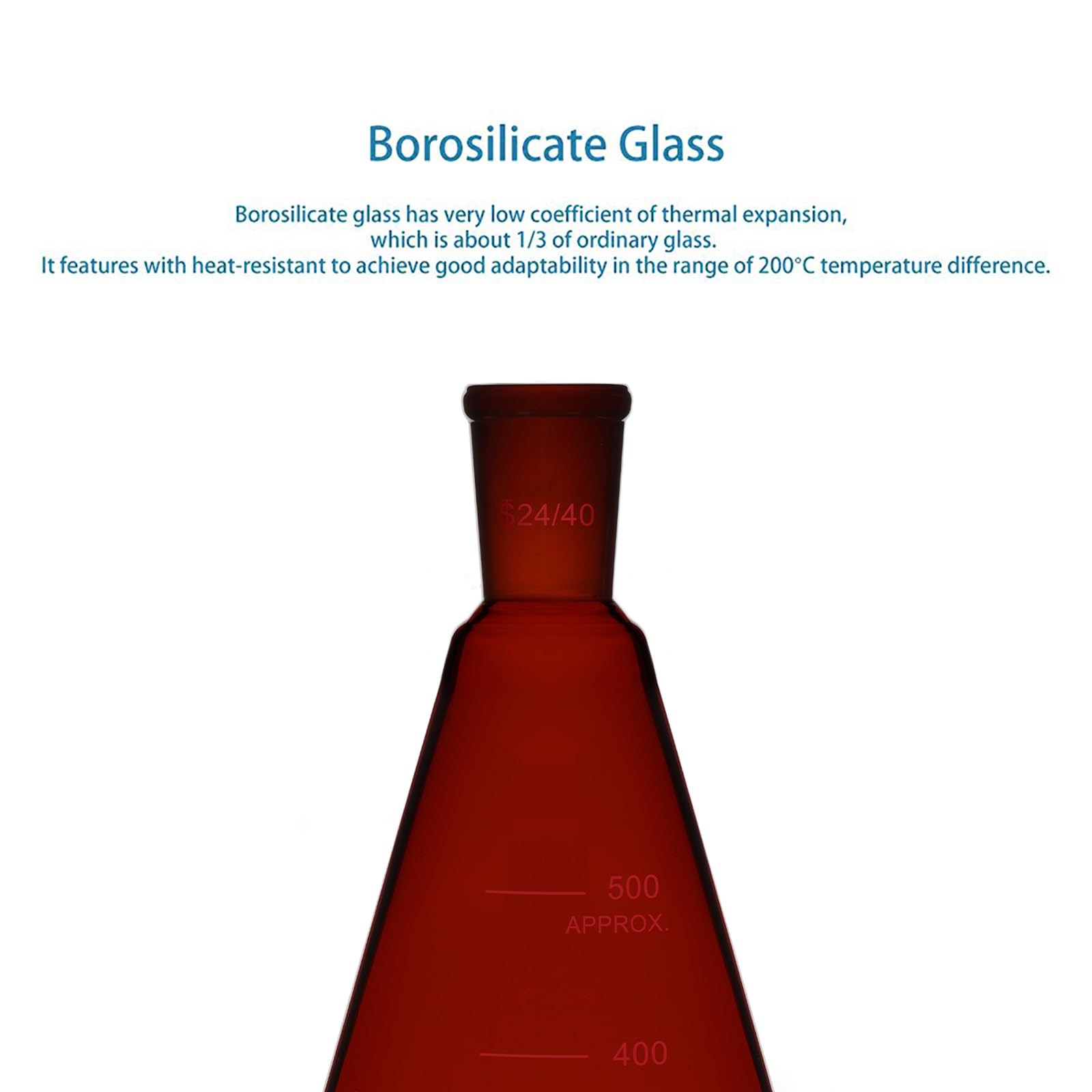 stonylab Matraz Erlenmeyer Ámbar con Junta Externa Cónica Estándar 24/40, Vidrio Borosilicato, Matraz de Pared Gruesa, 500 ml, Ideal para Mezclas, Calentamiento y Experimentos de Laboratorio