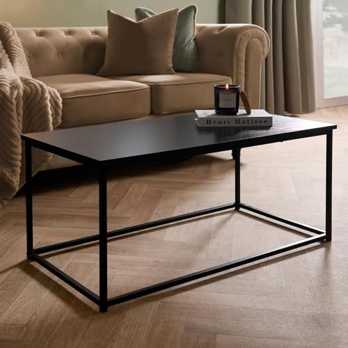 OHS Coffee Side Table with Metal Frame, Modern Wooden Top Stylish & Durable Industrial Centre Table For Living Room Office & Compact Spaces Easy Assembly, Black-90x48x40cm