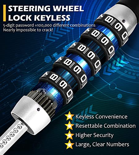 Tevlaphee Steering Wheel Lock, Car Lock Anti Theft Keyless Extendable Retractable Password 5 Coded Combination Lock thumb #2