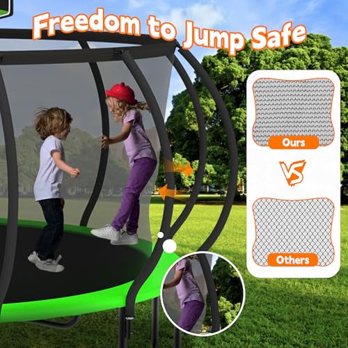 DeepRoar Tranpoline 8/10/12/14/15/16FT Pumpkin Tranpoline for Kids, Heavy Duty Outdoor Tranpolines with Basketball Hoop, Safety Enclosure Net, Light, Sprinkler, Socks, ASTM Approved