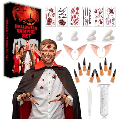 Conjunto de vampiro 28 peças com dentes vampiro, orelhas de lfo flexíveis, unhas postiças e tatuagens de ciclizes, acessórios para Halloween, cosplay e festas de disfarces