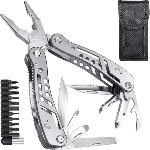 Image of Multi-Function Pliers Tool Set, 24-in-1, Stainless Steel with 11 Screwdriver Bits, Bottle Opener, Safety Hook for Outdoor