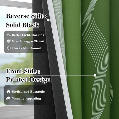 Image of MYSKY HOME Green and Greyish White Blackout Patterned Curtains 72 inch Long 2 Panels for Bedroom Ombre Geometric Thermal Insulated Wave Line Foil Print Grommet Window Curtains, 52 inch W Each Panel