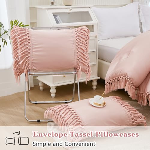 Image of Andency Pink Comforter Set Queen, 3 Pieces Boho Tassel Lightweight Soft Bedding Comforter Sets, All Season Fluffy Fringe Bed Set (90x90In Comforter & 2 Pillowcases)