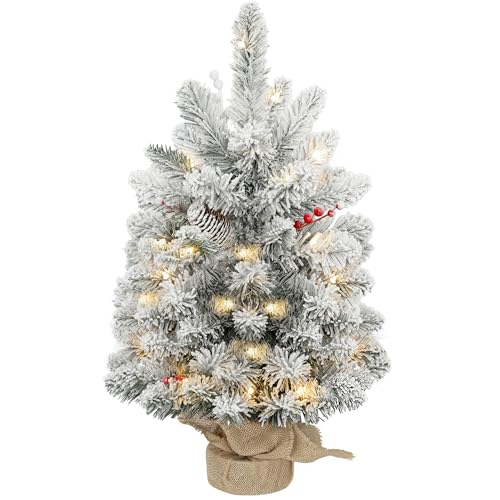 HOMCOM Árvore de Natal mini artificial de 60 cm com 35 luzes LED, 72 ramos densos de neve, abacaxi, bagas e base de serapilheira, decoração natalícia de mesa para casa e escritório, verde