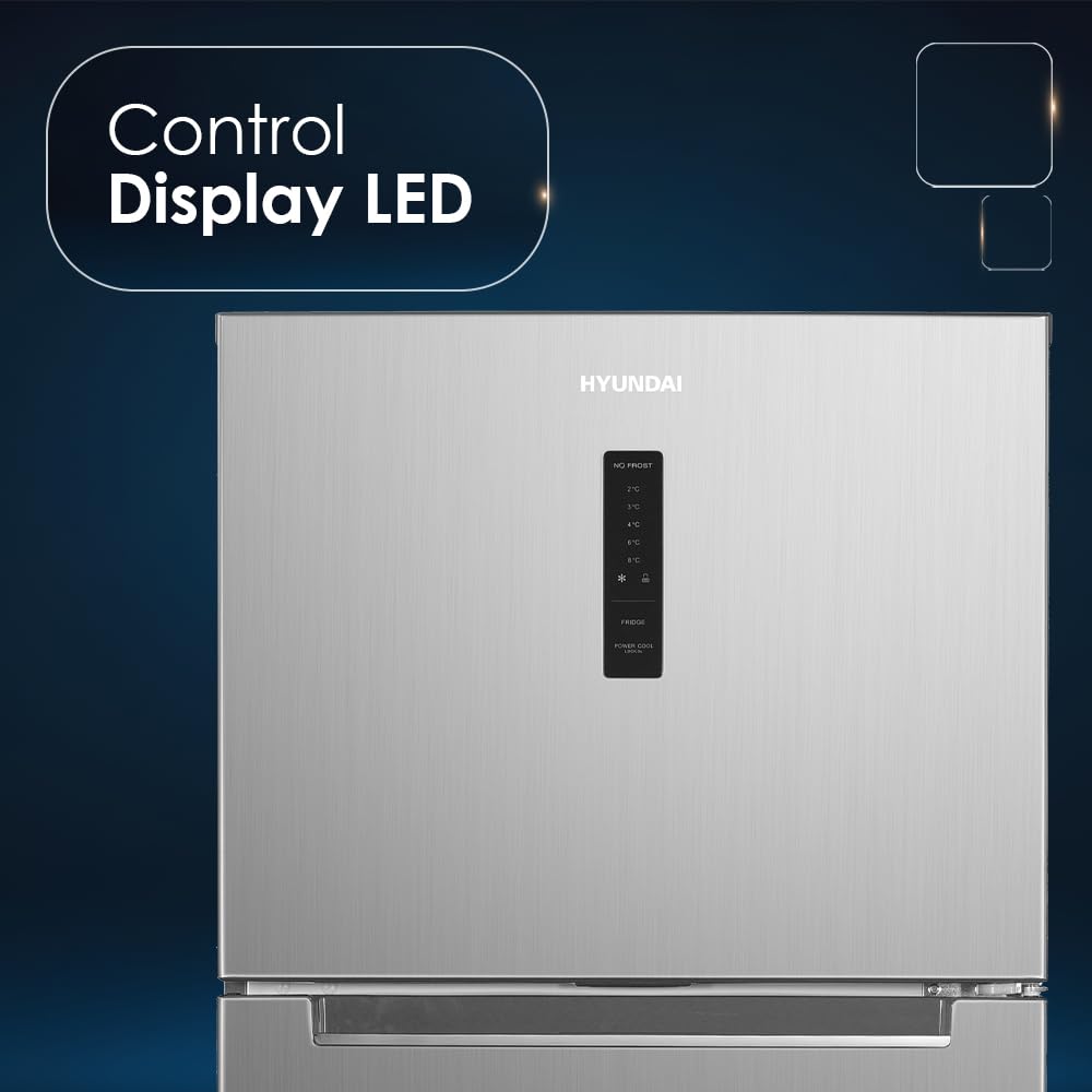 HYUNDAI Frigorífico Inox, 2 Puertas. HFG18070NDI00, Capacidad 415 Litros, No Frost, Motor Inverter, 39 dB, Puerta Reversible, Apertura Tipo Uñero, Clase Energética D