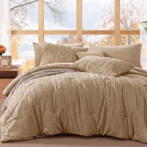 Image of WRENSONGE Full Size Comforter Set with Sheets - 7 Pieces Light Brown Tufted Bed in a Bag Full Shabby Chic Bedding Sets with 1 Comforter, 2 Sheets, 2 Pillowcases & 2 Shams
