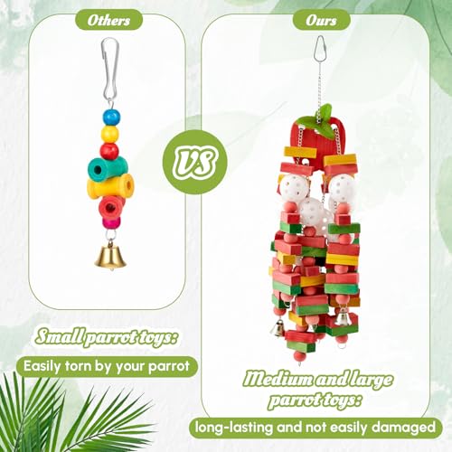 Image of Seenelling 8 Pcs Extra Large Bird Toys for Parrots, Mixed | Multicolored Natural Wooden Blocks & Beads Bells, Bird Cage Chewing Toys for Large Medium Macaws African Grey Cockatoos