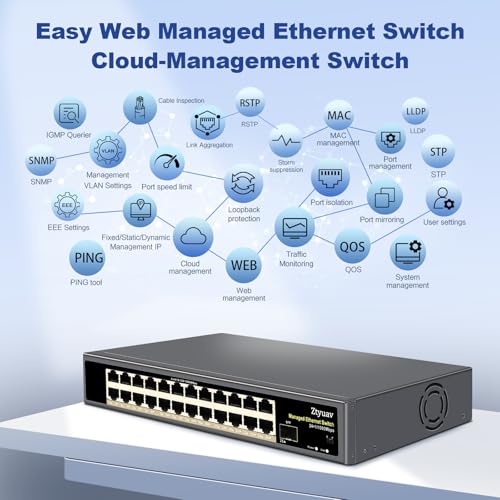 Image of 25-Port Full Gigabit Easy Smart Managed Ethernet Switch-24 Ethernet Ports & 1 SFP Port, Web & APP Managed, VLAN /QoS /IGMP /LAG /TELNET /CLI Supported, Home Office Network Hub, Metal Plug & Play
