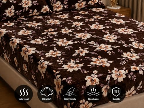 Image of Warm Flannel (Flano) King Size Winter Fitted Bedsheet | All Side Elastic Premium Winter Soft Velvet Furnishing Bed Sheet with 2 Big Pillow Cover Size - 72 x 78 X 8 Inches Chololate Brown