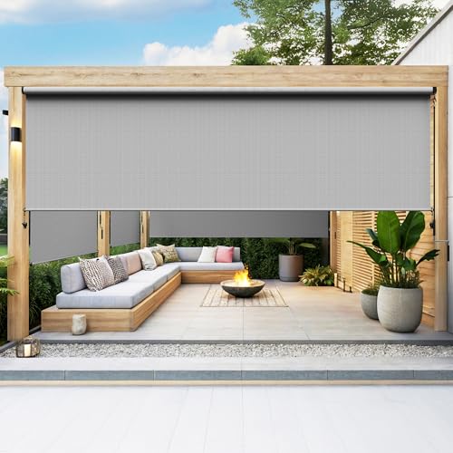 May in Color Outdoor Roller Shades for Patio New Material with 95% UV Protection, Cordless Patio Sun Shade Roll Up with Crank Handle for Shading, Protect Privacy, No Valance, (8' W X 8' L), Grey