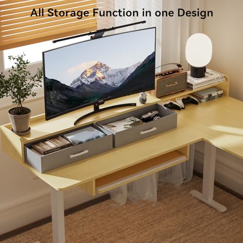 Image of WALKINGDESK 63 Inches L Shaped Standing Desk with Keyboard Tray and 2 Drawers, L Shaped Electric Standing Desk, Adjustable L Shaped Office Desk,Corner Standing Desk for Home Office, Oak