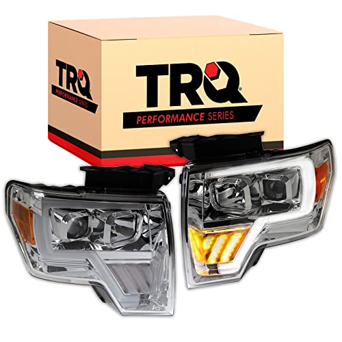 Image of TRQ 2 Piece Headlight Assembly Set Performance LED C Light Bar Chrome Bezel Driver & Passenger Side Compatible with Ford F-150 2009-2014 FO2502287 FO2502289 FO2503287 FO2503289