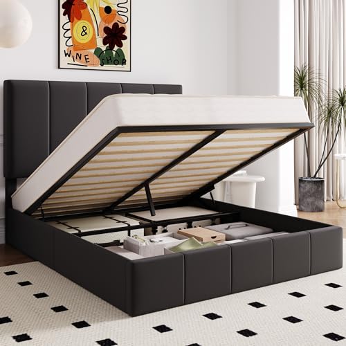 Image of Allewie Full Size Velvet Lift Up Hydrualic Storage Bed Frame, Black
