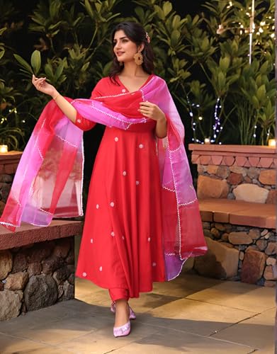 Image of ANNI Designer Women's Rayon Viscose Anarkali Embroidered Kurta with Pant & Dupatta