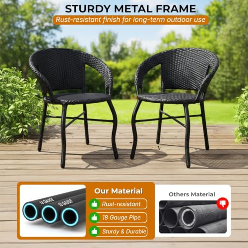 Image of DEVOKO Outdoor 3-Piece Water-Resistant Wicker Patio Chair Table Set with Glass Top Table & Durable Metal Frame for Balcony, Garden (Black)
