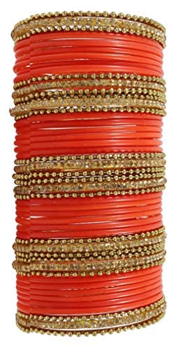Image of NMII Glass With Zircon Gemstone Studded Worked and Ball Chain Or Plane Gloosy Finished Bangles Set For Women and Girls