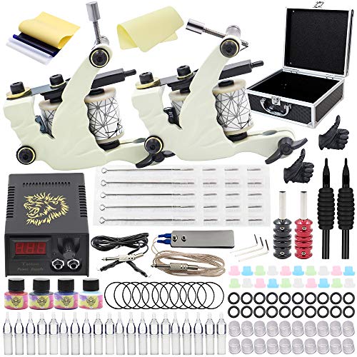 Complete Tattoo Machine Kit - Combofix Tattoo Kit Tattoo Coils Machine Gun Tattoo Power Supply Foot Pedal 4 Color Tattoo Ink 20 Tattoo Needles Tattoo Tips Grips for Tattoo Acessories Tattoo Supplies
