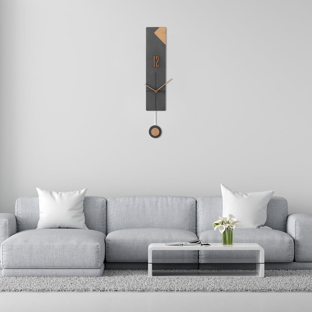 MPM Quality Reloj de Pared de Madera Clara/Negro, 105 x 555 mm, Elegante Reloj Moderno, Movimiento de Cuarzo Barrido, Reloj de Pared Original con péndulo, decoración para salón, Dormitorio, Cocina,