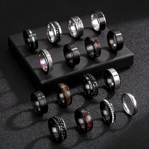 EIELO 16Pcs Stainless Steel Men Fidget Rings for Men Women Stress Anxiety Relief Spinning Rings Cool Black Rings Fashion Chain Band Ring Mens Wedding Engagement Ring Set4