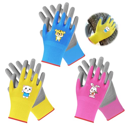 HJJMN 3 Paar Arbeitshandschuhe Kinder, Hochwertige Gartenhandschuhe Kinder Alter 3-6, Cartoon Arbeitshandschuhe Kinder, Rutschfeste Schutzhandschuhe für MäDchen Und Jungen, Rosa Blau Gelb