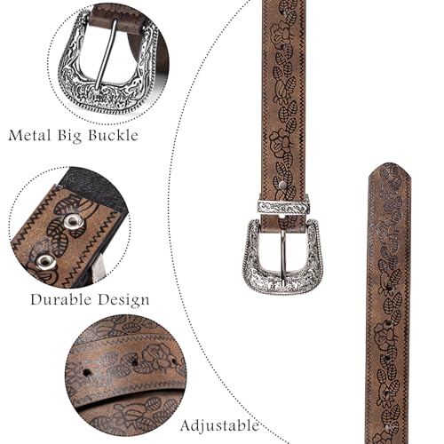 Image of Dubulle Womens Belt Chain Leather Belts Vintage Western Adjustable Elastic Double Buckle for Cowboy Pant Dress