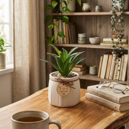 Image of Artificial Aloe Vera Plant with Ceramic Pot | Fake Succulent with Decorative Pebbles & Wooden Tag | Indoor Table Decor | Home Office Desk Plant | 16 cm