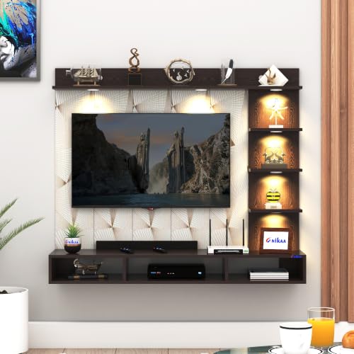 Image of Anikaa Tyron Engineered Wood Wall-Mount TV Unit with PVC Back Panel & LED Lights | TV Cabinet with Storage Box & Decorative Shelves (Wenge) | Ideal for TVs up to 55 Inch | DIY Installation