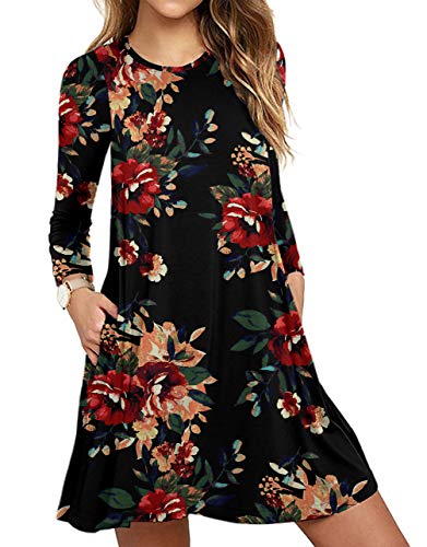HAOMEILI Women's Long Sleeve Pocket Casual Loose T-Shirt Dress 2XL Peony Black