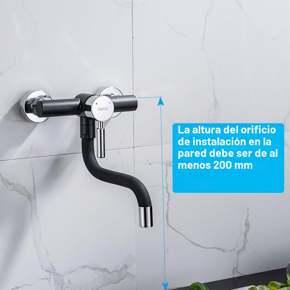 ONECE Grifo de Pared para Cocina Negro, Grifería de Fregadero a Muro